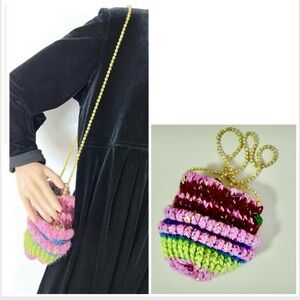 🇨🇮Handmade Vintage Multitextured Knit & Beaded Colorful Bag w Millefiori Charms